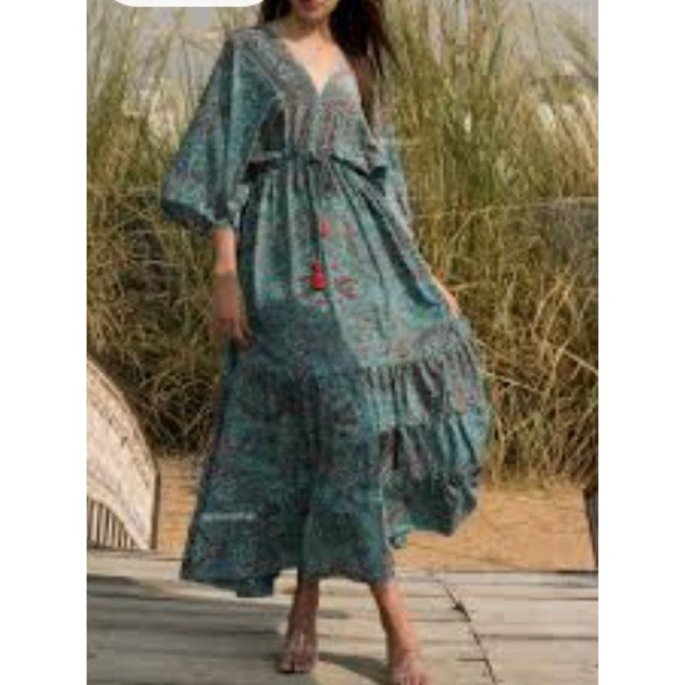 Anthropologie Boemo sz L green paisley maxi boho festival dress O